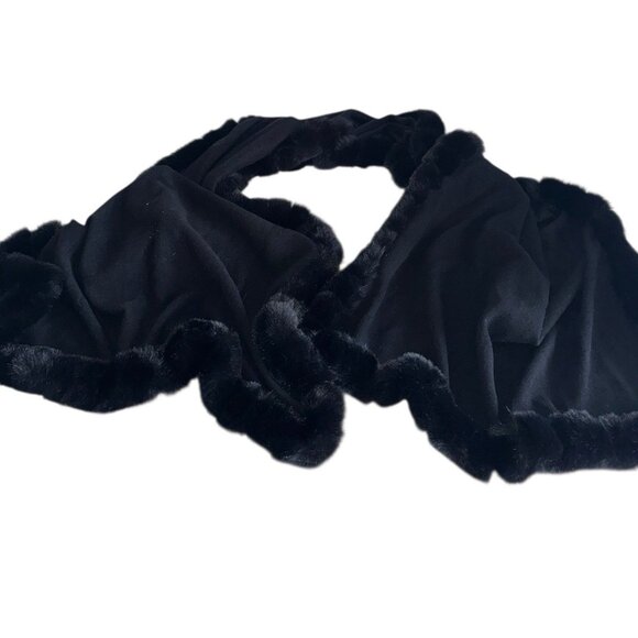 La Fiorentina Black Wrap Scarf With Faux Fur Trim Rectangle Viscose Blend Knit - Picture 1 of 5